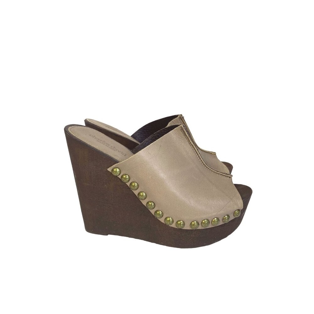 Charles David Beige Leather Studded Wooden Wedge Mules